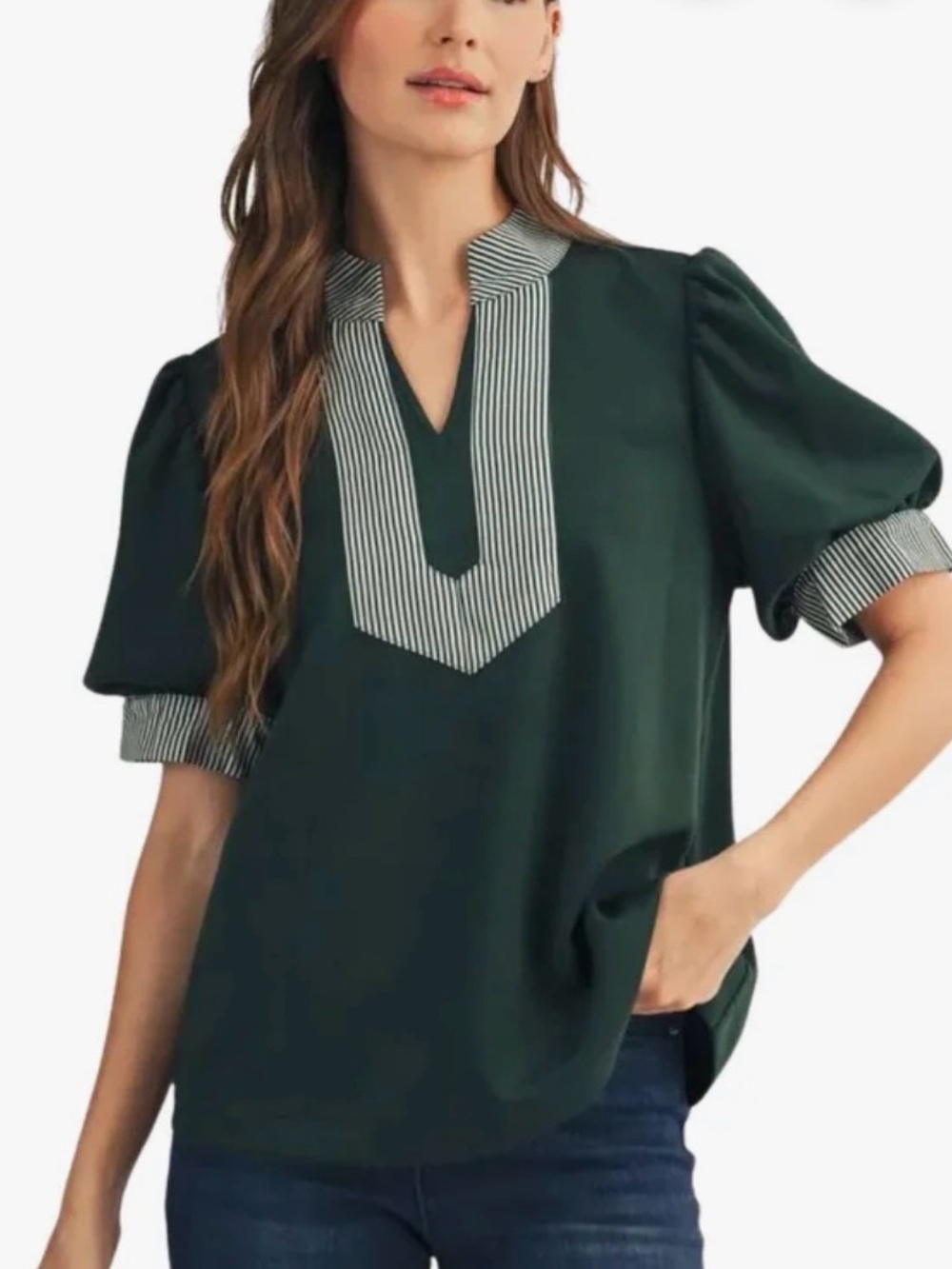 JODIFL Dark Green V-Neck Puff Sleeve Blouse with Striped Trim